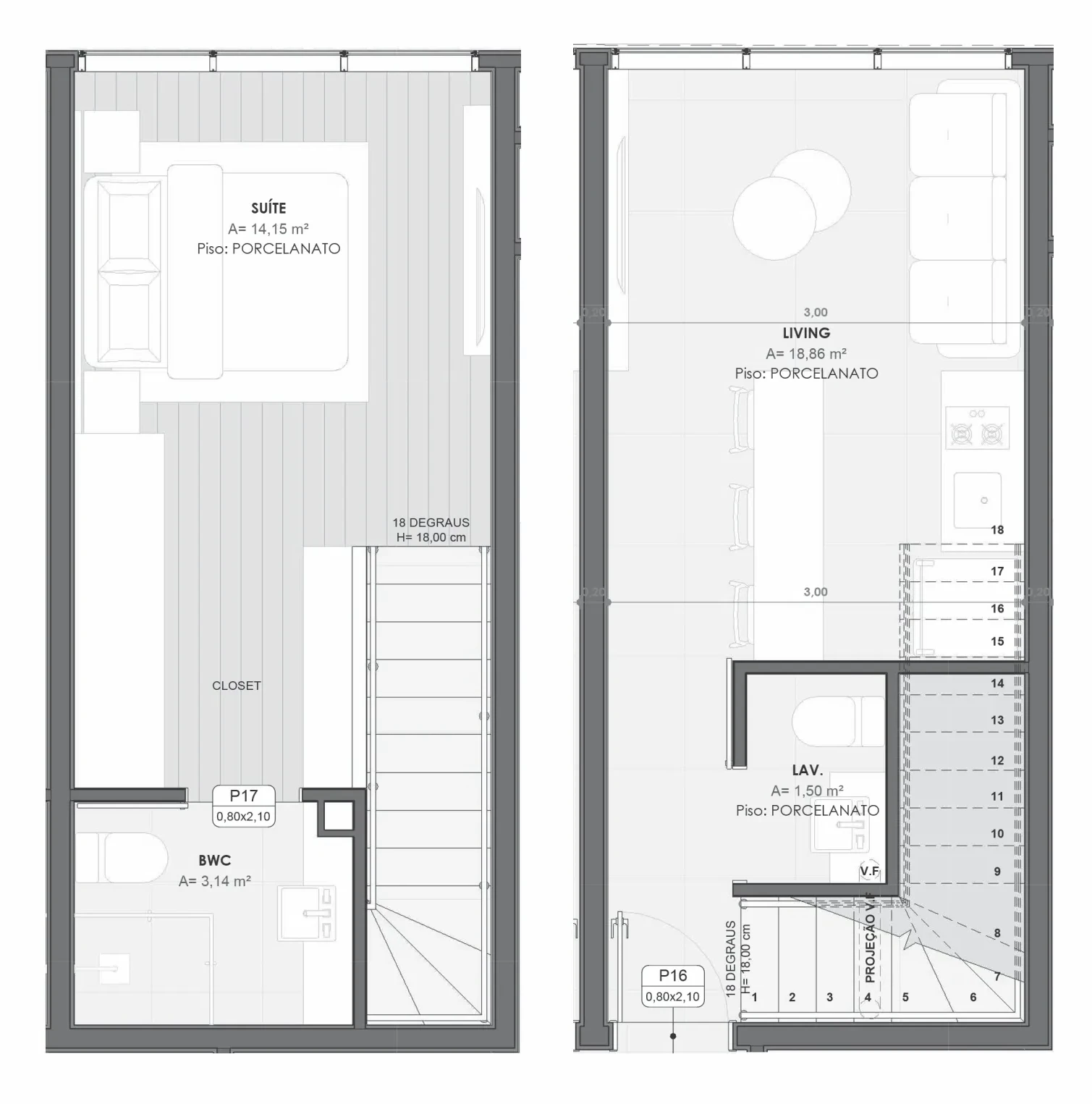 Planta do loft duplex de 42,57 m2 no Alfa Colinas