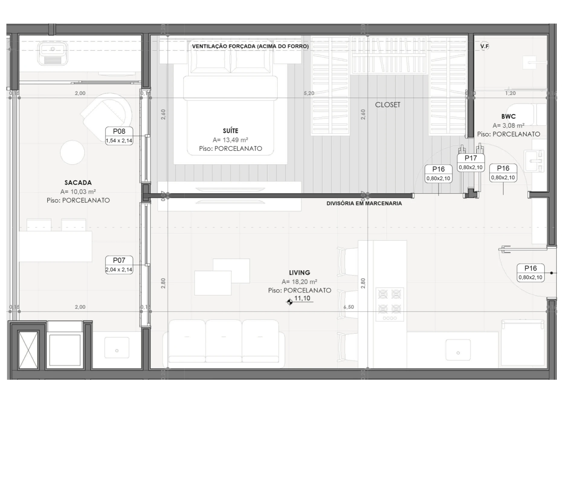 Planta do apartamento compacto de 50,52 m2 no Alfa Colinas, unidade 413