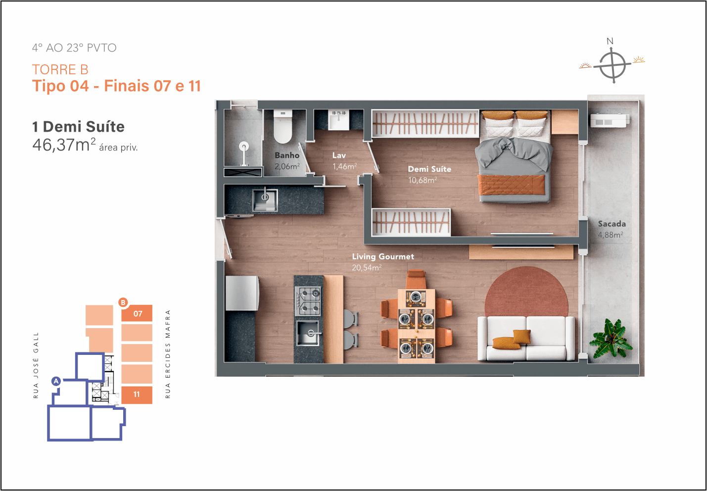 Planta do apartamento compacto de 46,37 m2 no Believe