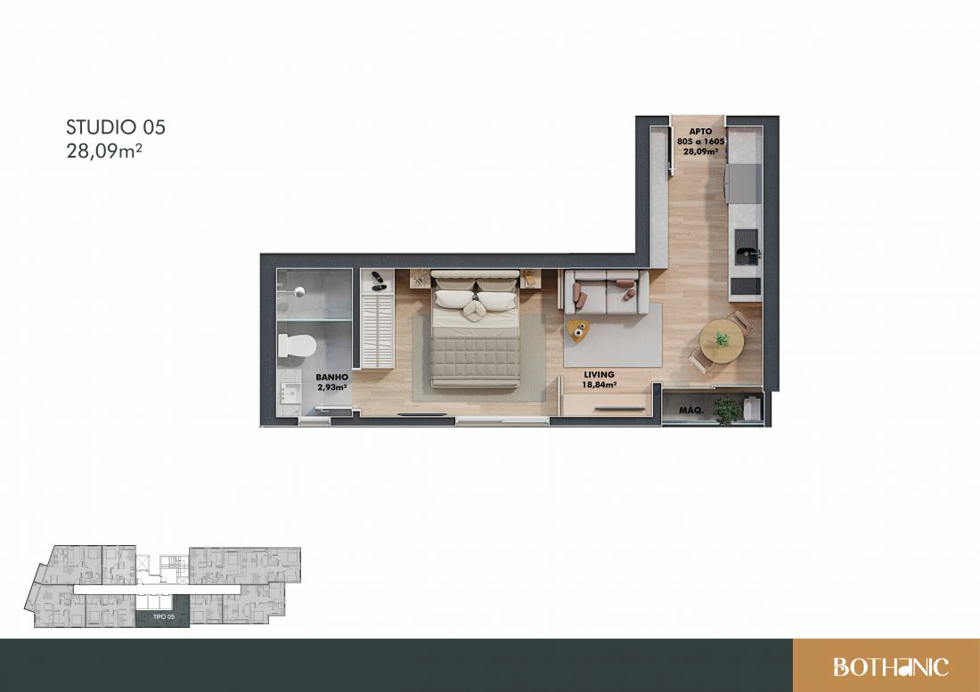 Planta do studio de 28,09 m2 no Bothanic
