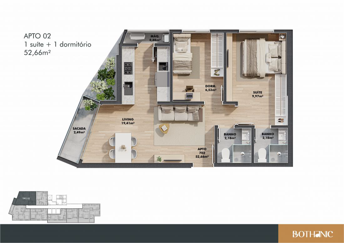 Planta do apartamento compacto de 52,66 m2 no Bothanic