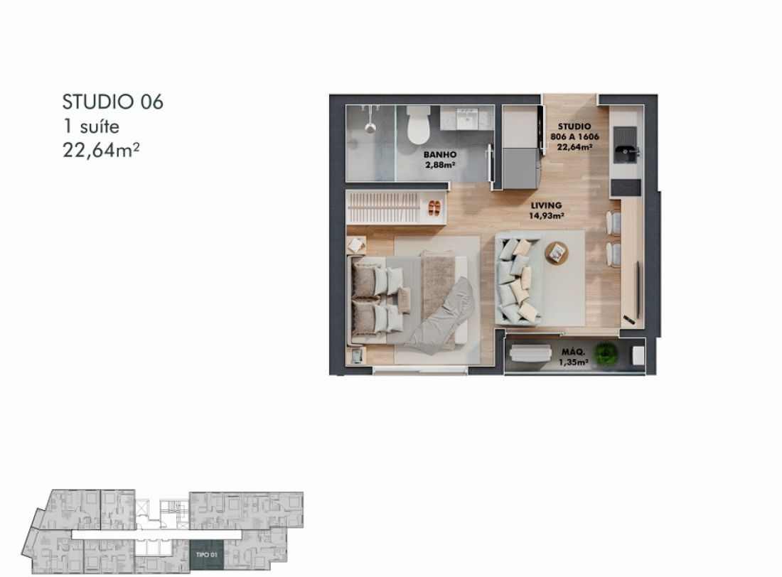 Planta do studio de 22,64 m2 no Bothanic