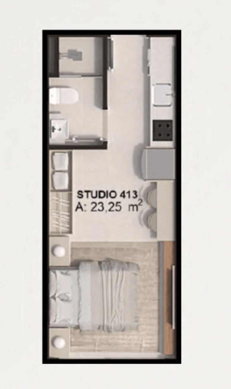 Planta do studio de 22,5 m2 no Campeche Living