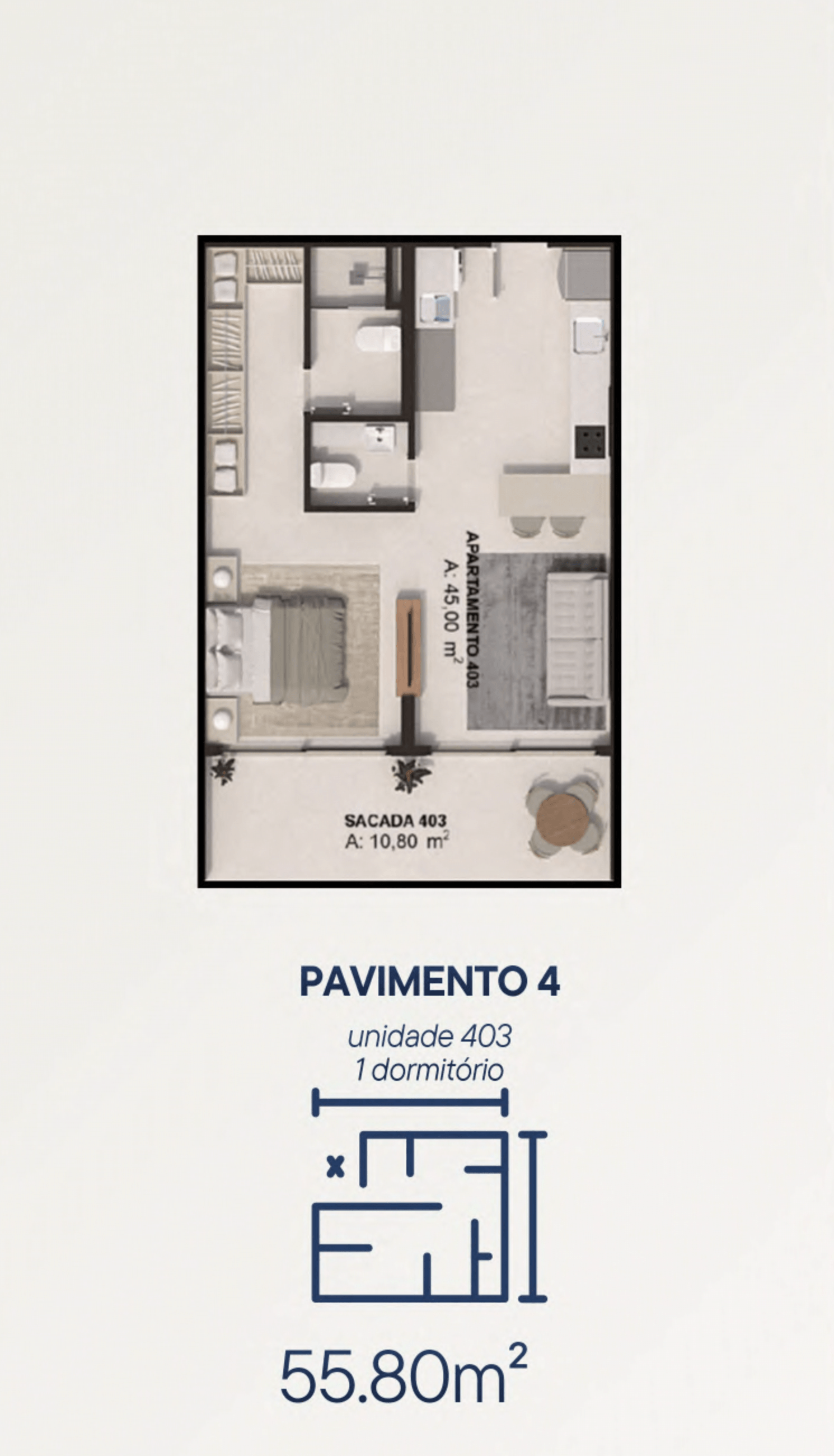 Planta do apartamento compacto de 55,8 m2 no Campeche Living, unidade 403