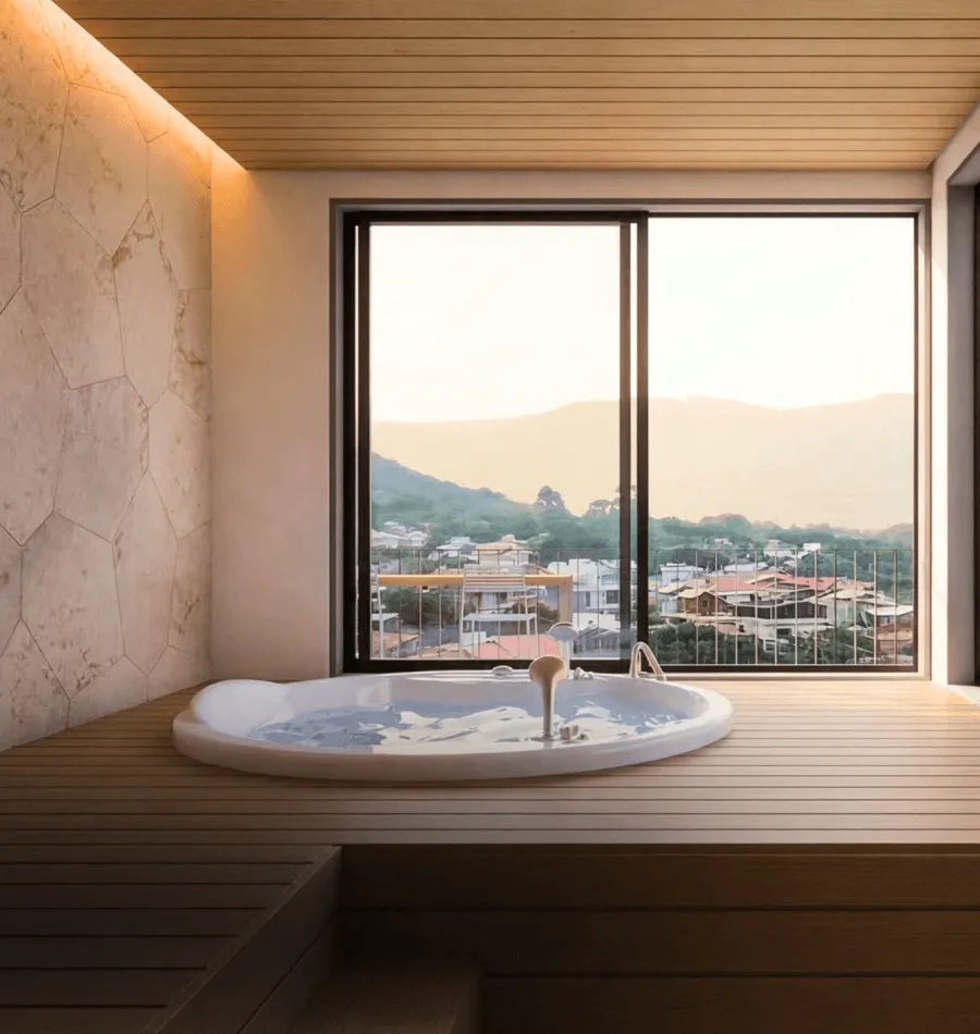 Ofurô do spa do Campeche Living, com vista para as montanhas