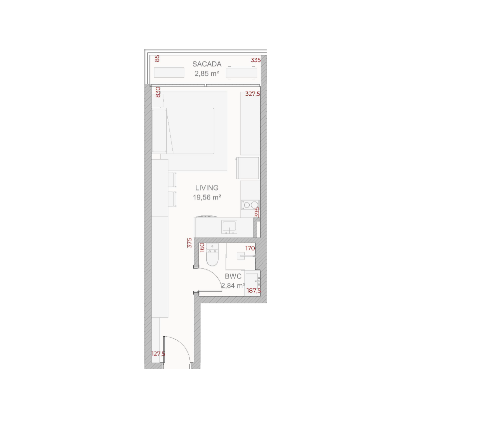 Planta do studio de 29,08 m2 no Djalma.64