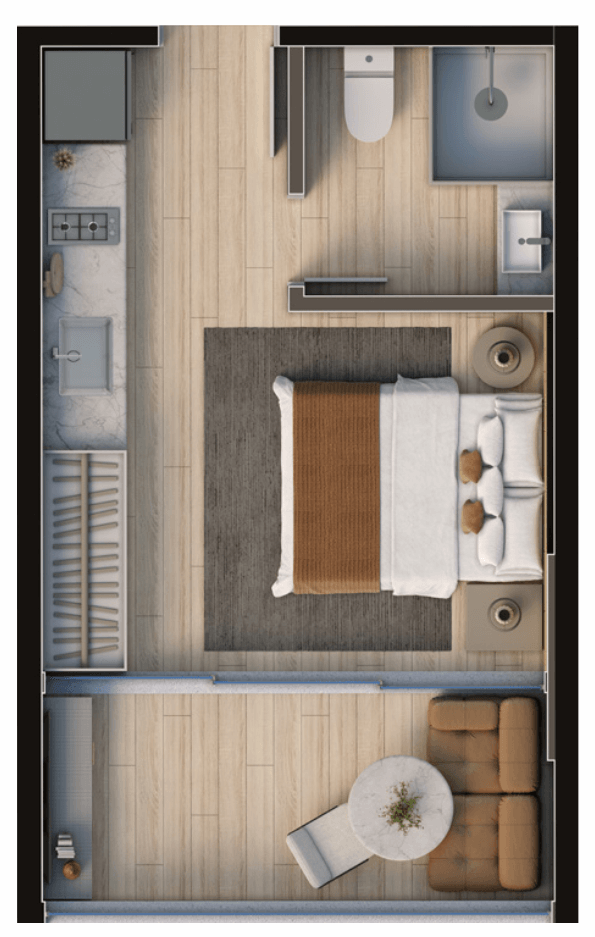 Planta do studio de 24 m2 no DOT ZERO