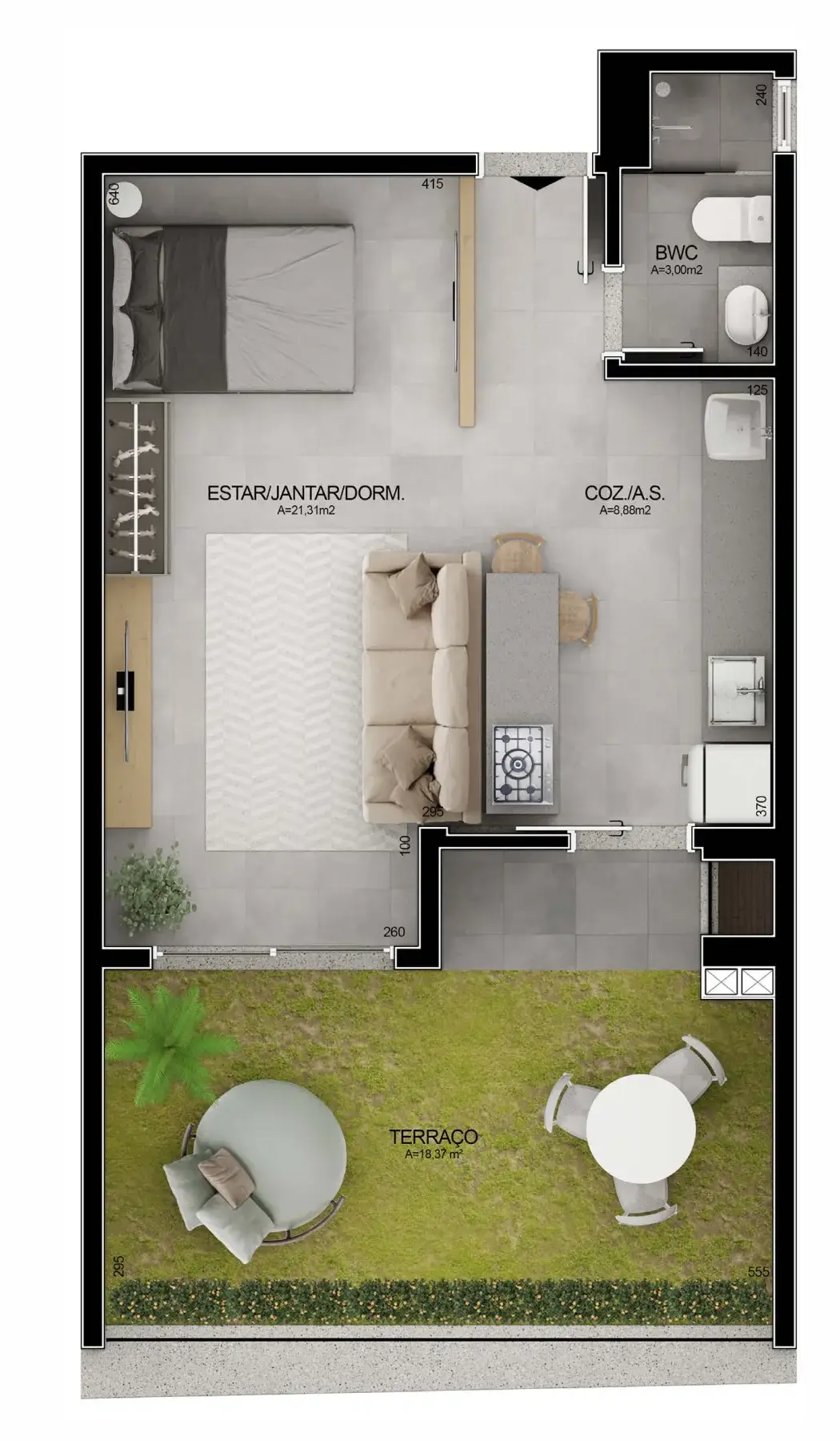 Planta do studio de 59,67 m2 no Mobby, unidade 103 A, com terraço de 18,37 m²