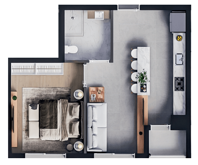 Planta do studio de 38,17 m2 no NOW Residence