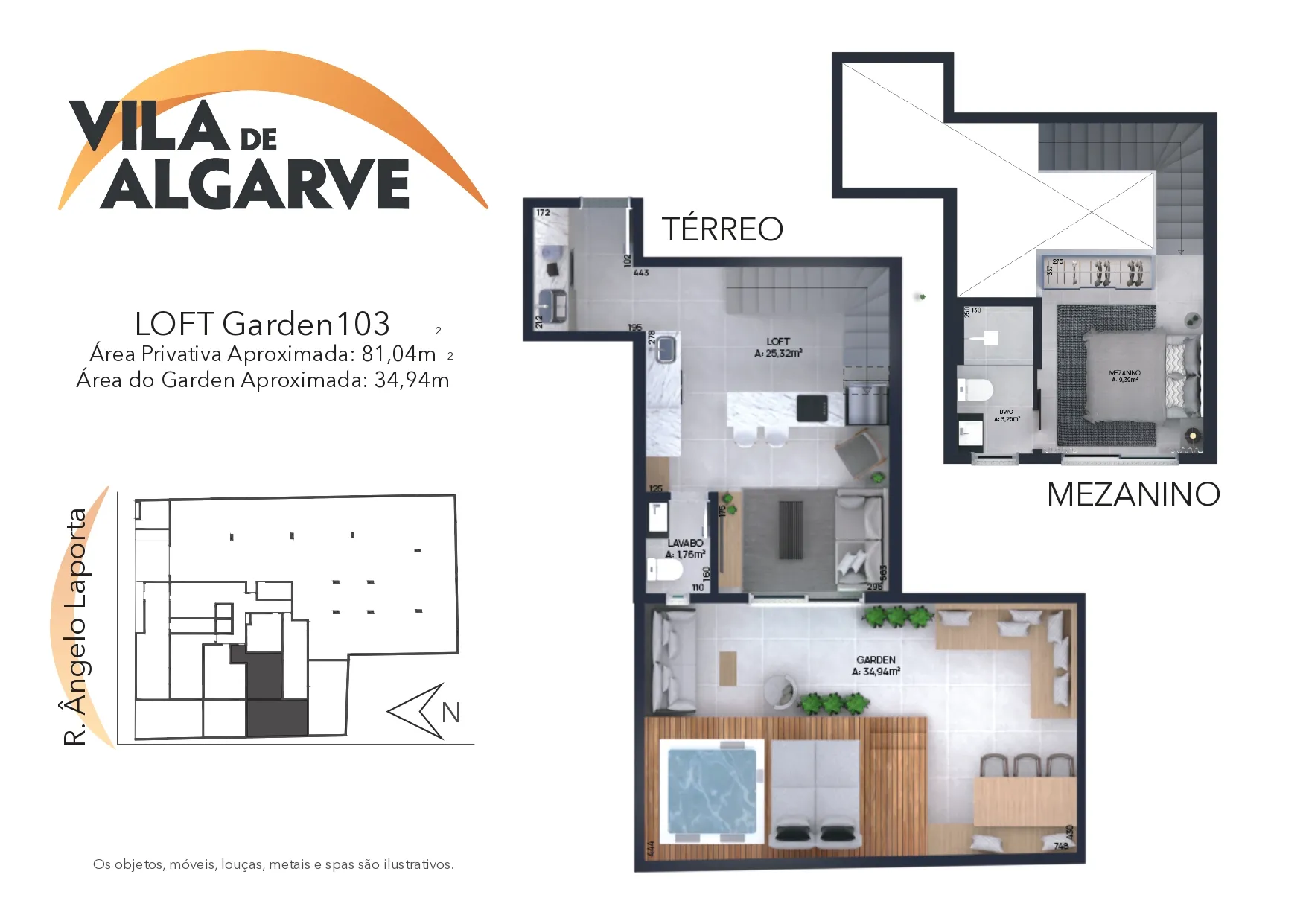 Planta do loft duplex garden de 81,04 m2 no Vila de Algarve, unidade 103, com garden de 34,94 m2