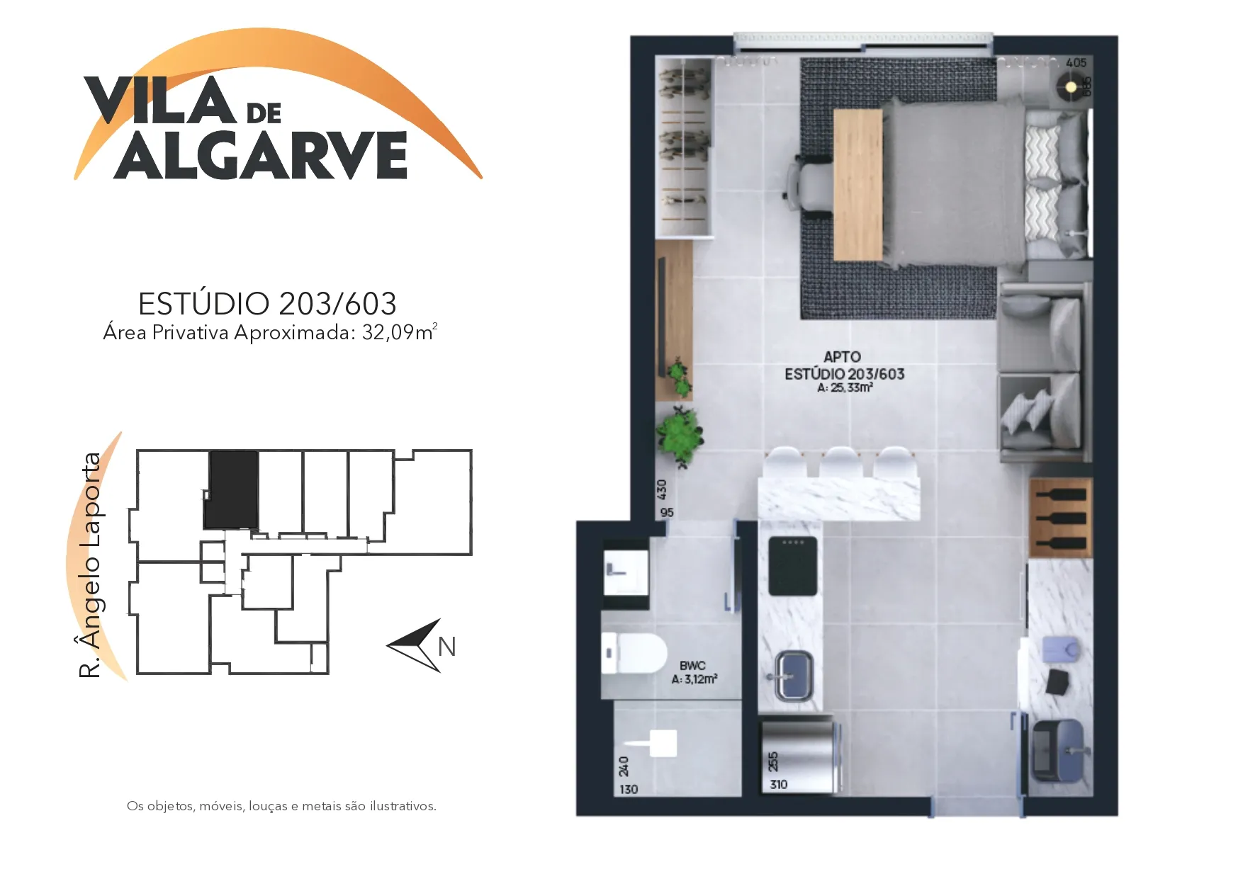 Planta do studio de 32,09 m2 no Vila de Algarve, unidades 203/603
