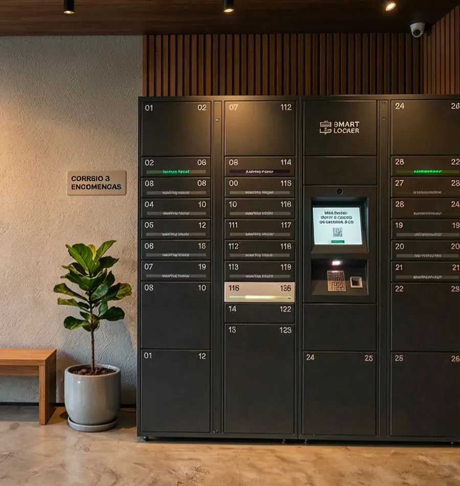 Hall de entrada do Vista, com lockers inteligentes para encomendas