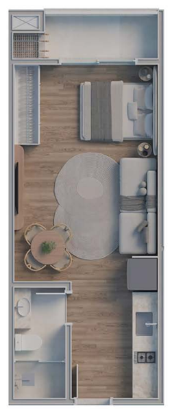Planta do studio de 33,53 m2 no Alfa Vita