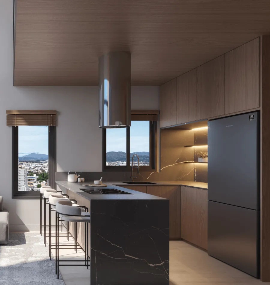 Cozinha integrada do loft duplex no Alfa Vita